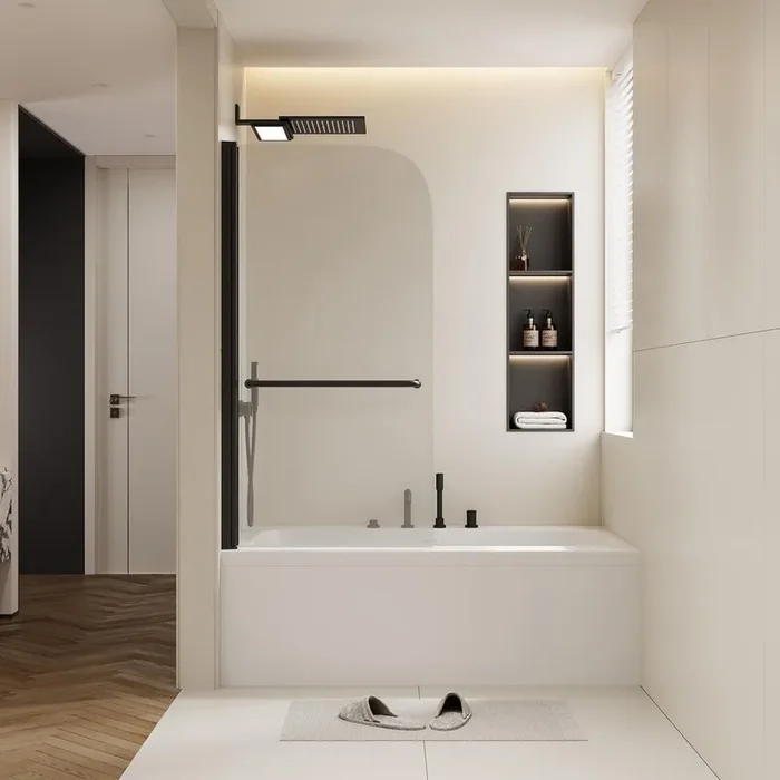 30 in. W x 58 in. H Pivot Tub Door in Matte Black with Clear Glass