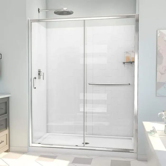 32 in. D x 60 in. W x 78-3/4 in. H Sliding Semi-Frameless Shower Door Base and White Wall Kit in Chrome and Clear Glass