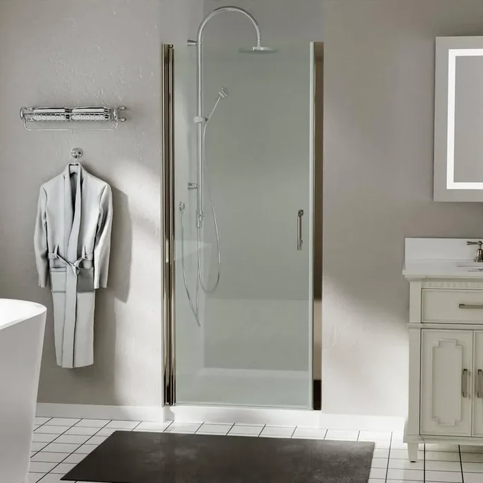 32 in. W x 72 in. H Pivot Semi-Frameless Shower Door in Brushed Nickel with Clear Glass