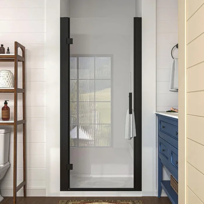 32 to 34 in. W x 72 in. H Pivot Swing Frameless Shower Door in Black with Clear Glass