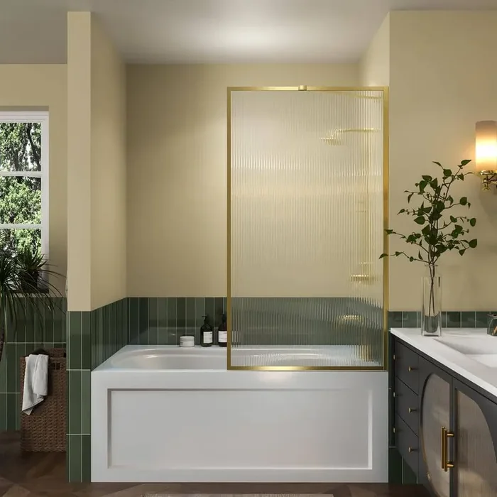 33 in. W x 58 in. H Fixed Framed Tub Door in Brushed Gold with Fluted Tempered Glass