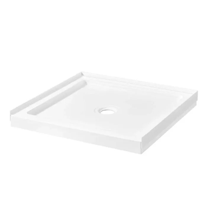 34 in. L x 32 in. W Alcove or Corner Shower Pan Base Square with Center Drain, White Acrylic, Reversible Design