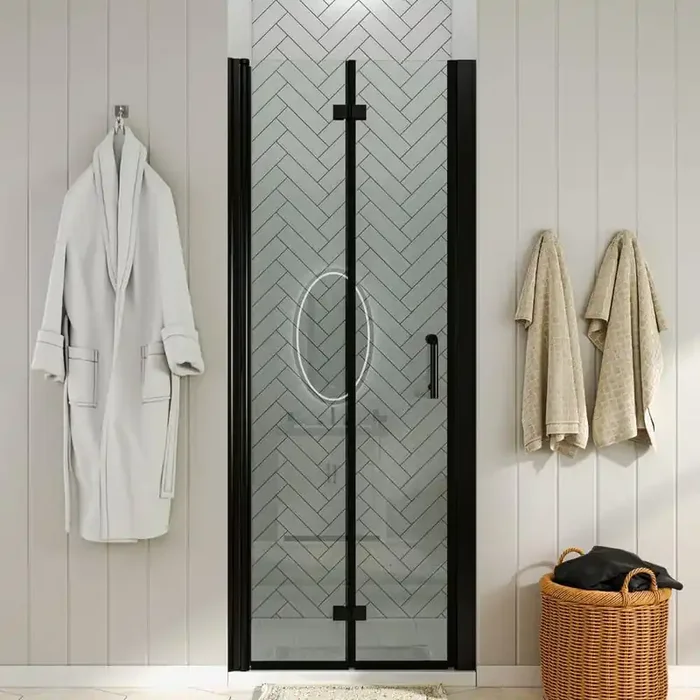 34 to 35-1/2 in. W x 72 in. H Bi-Fold Frameless Shower Doors in Black with Clear Glass