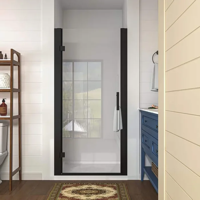34 to 36 in. W x 72 in. H Pivot Swing Frameless Shower Door in Black with Clear Glass