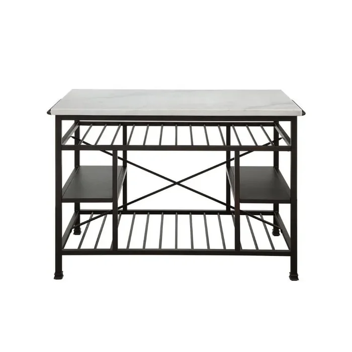 36 in. H Brown and White Marble Top Metal Kitchen Island with 2-Slated Shelves