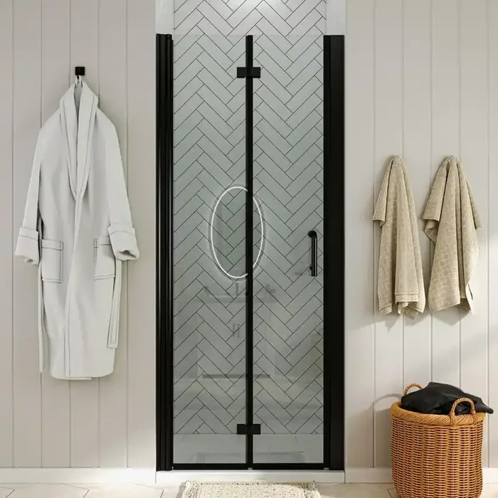 36 to 37-1/4 in. W x 72 in. H Bi-Fold Frameless Shower Doors in Black with Clear Glass