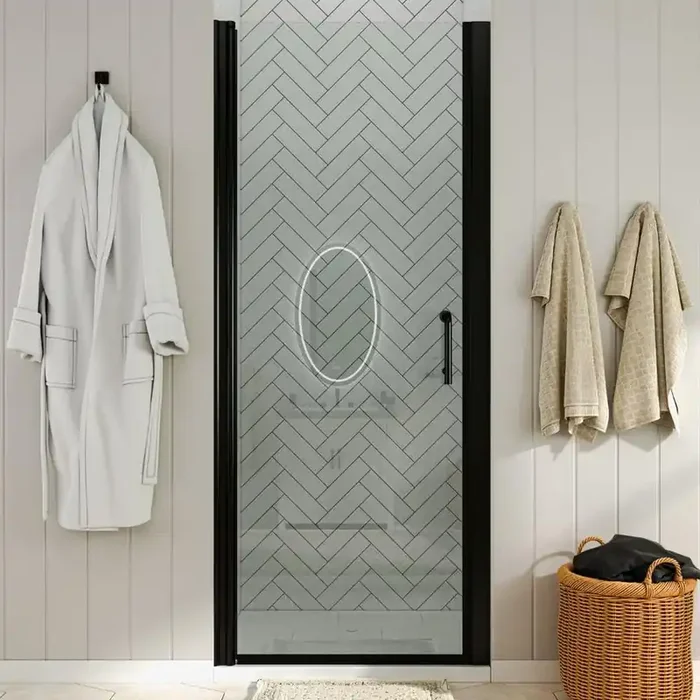 36 to 37-1/4 in. W x 72 in. H Pivot Swing Frameless Shower Door in Black with Clear Glass