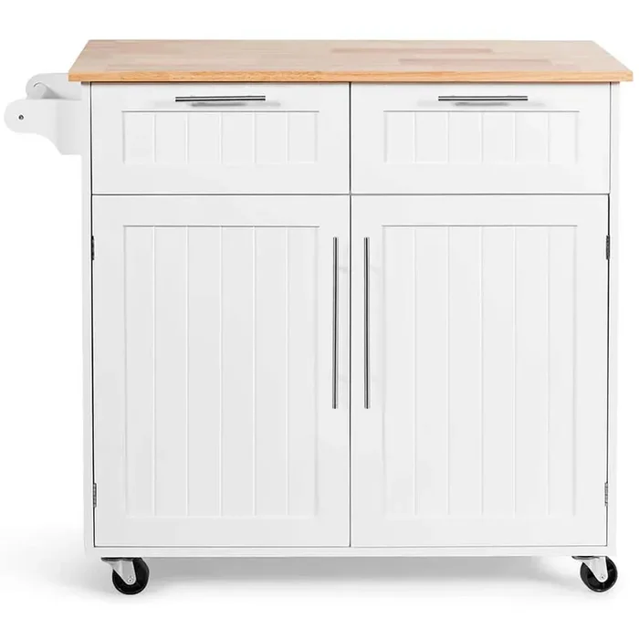 37 in. White Rolling Kitchen Island Cart with Natural Wood Top and Towel Rack