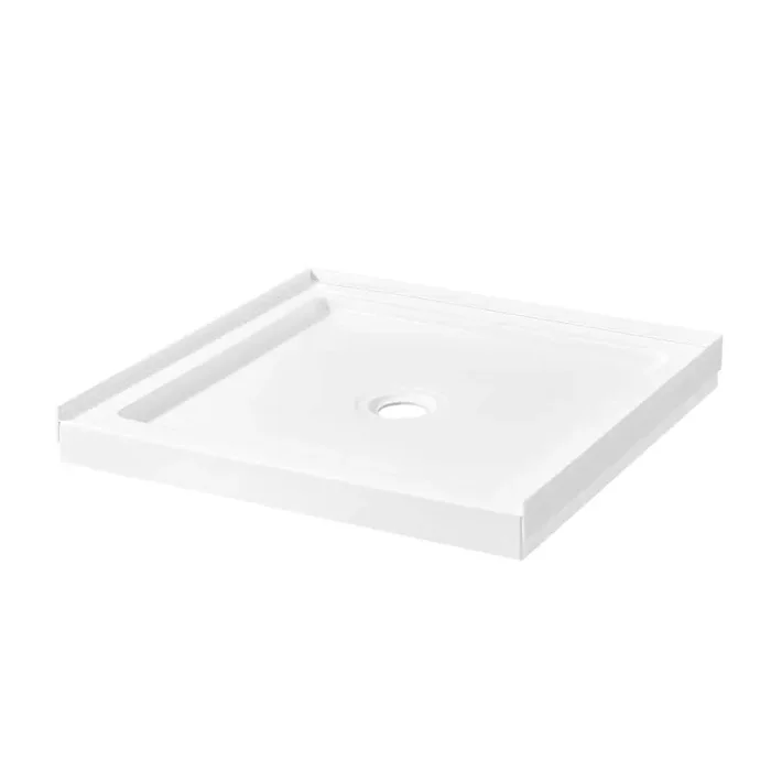 38 in. L x 36 in. W Alcove or Corner Shower Pan Base Square with Center Drain, White Acrylic, Reversible Design