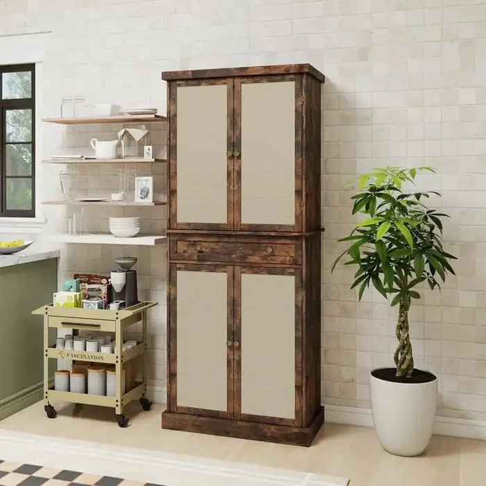 4 Door Cabinet with 1 Drawer, with 4 Adjustable Inner Shelves, Storage Cabinet in Natural