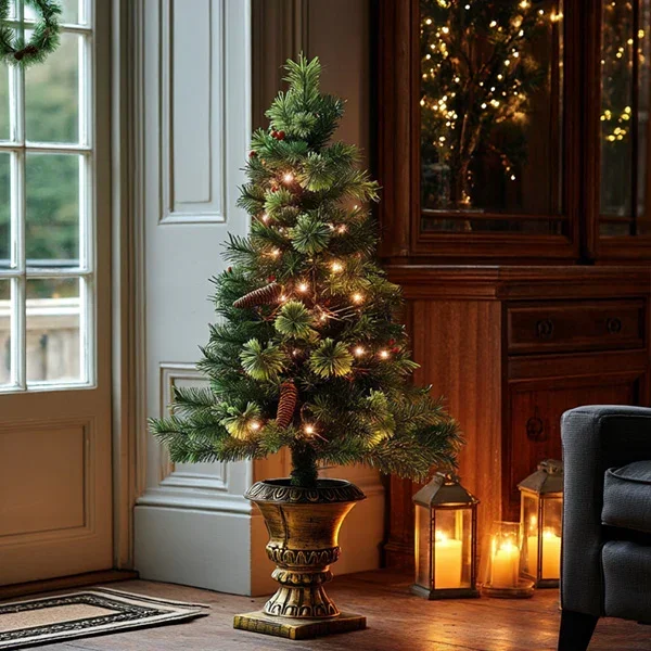 4 Foot Pre-Lit Faux Christmas Tree in Distressed Urn – Decor Steals