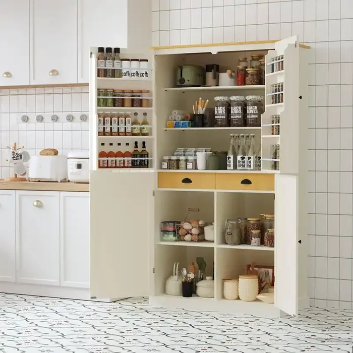 40.2 in. W x 20 in. D x 71.3 in. H MDF Ready to Assemble Kitchen Cabinet Kitchen Pantry in Cream with 2-Drawer