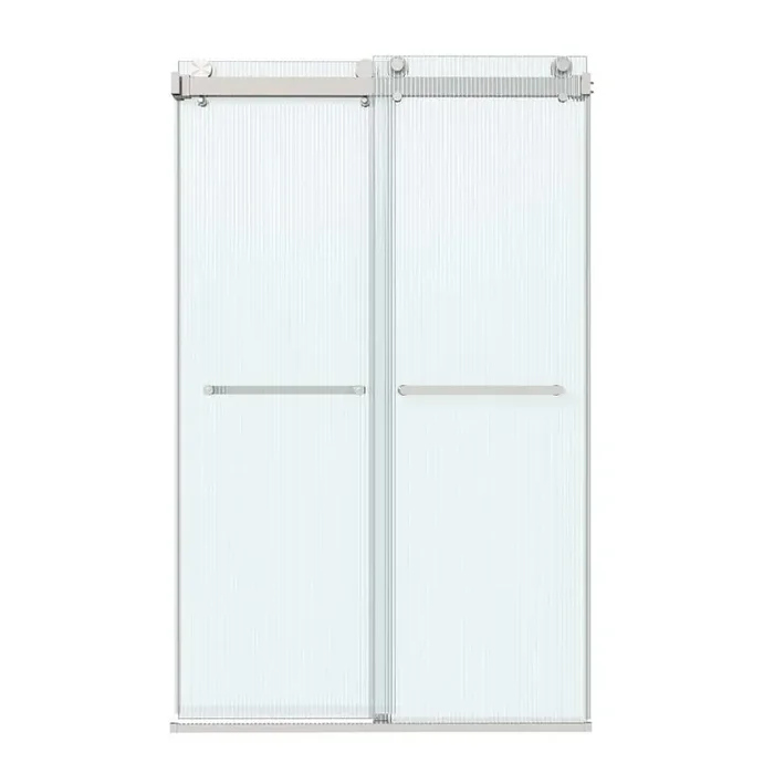 48 in. W x 76 in. H Framless Double Sliding Shower Door in Brushed Nickel with 3/8 in. (10 mm) Fluted Glass