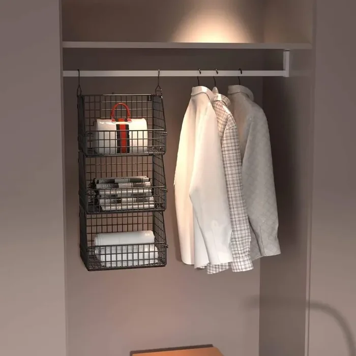 5-Piece Black Stackable Wire Storage Baskets, Hanging Closet Organizers, Vegetable and Fruit Organizer