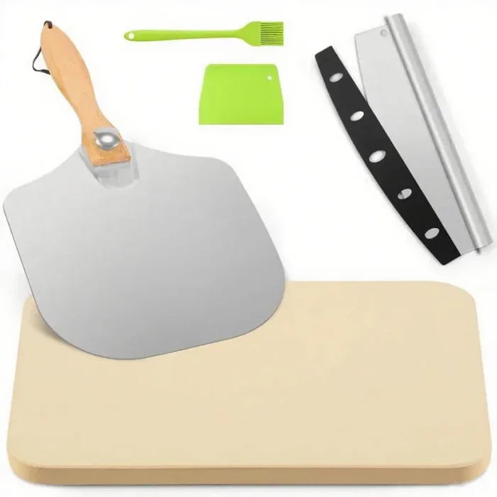 5 Pieces Pizza Stone Set, 15 in. Rectangle Pizza Stone Set with Metal Pizza Peels, Cutter Rocker for Oven, Outdoor Grill