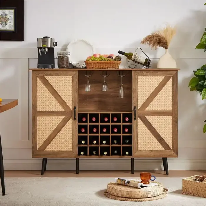 55.11 in. x 12.6 in. x 38.19 in. Oak Color Wooden Wine Cabinet w/Multiple Wine Racks 2 Barn-Doors and Adjustable Shelves