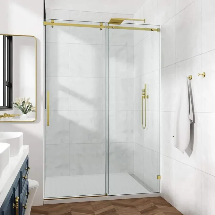 56-60 in. W x 66 in. H Sliding Frameless Shower Door in Gold with Clear Glass