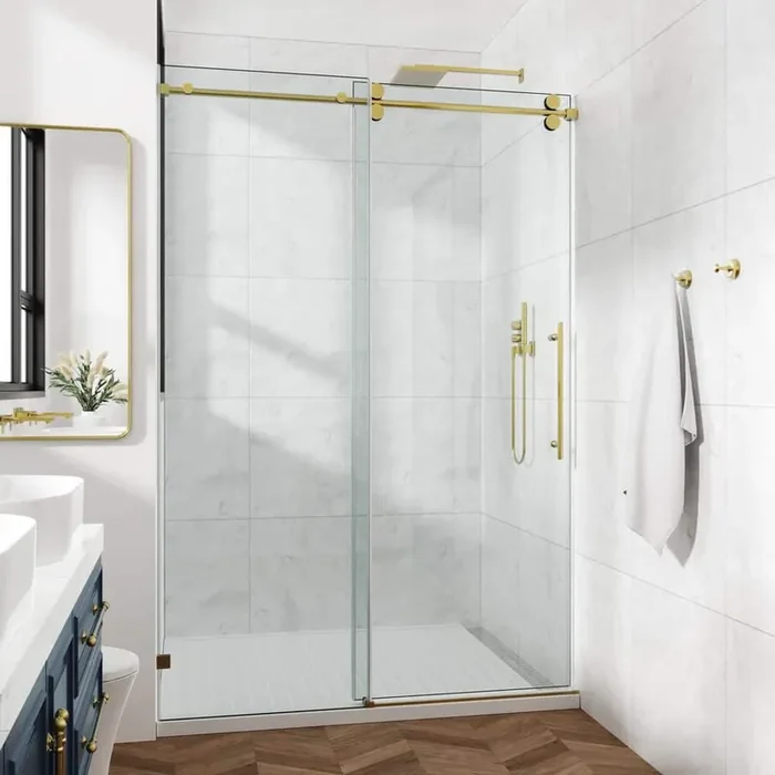 56-60 in. W x 76 in. H Sliding Frameless Shower Door in Gold with Clear Glass