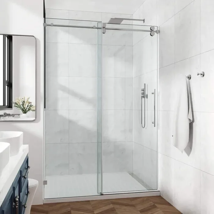 56-60 in. W x 76 in. H Sliding Frameless Shower Door in Nickel with Clear Glass