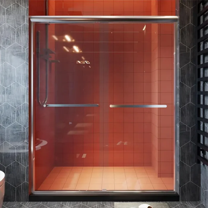 56 in. to 60 in. W x 72 in. H Sliding Framed Shower Door in Brushed Nickel with Clear Glass Double Sliding Reversible