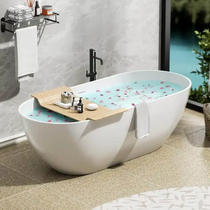 59 in. x 29.5 in. Solid Surface Freestanding Soaking Bathtub with Center Drain in Matte White/Polished Chrome