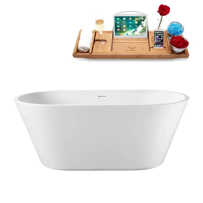 59 in. x 30 in. Acrylic Freestanding Soaking Bathtub in Glossy White with Matte Black Drain, Bamboo Tray