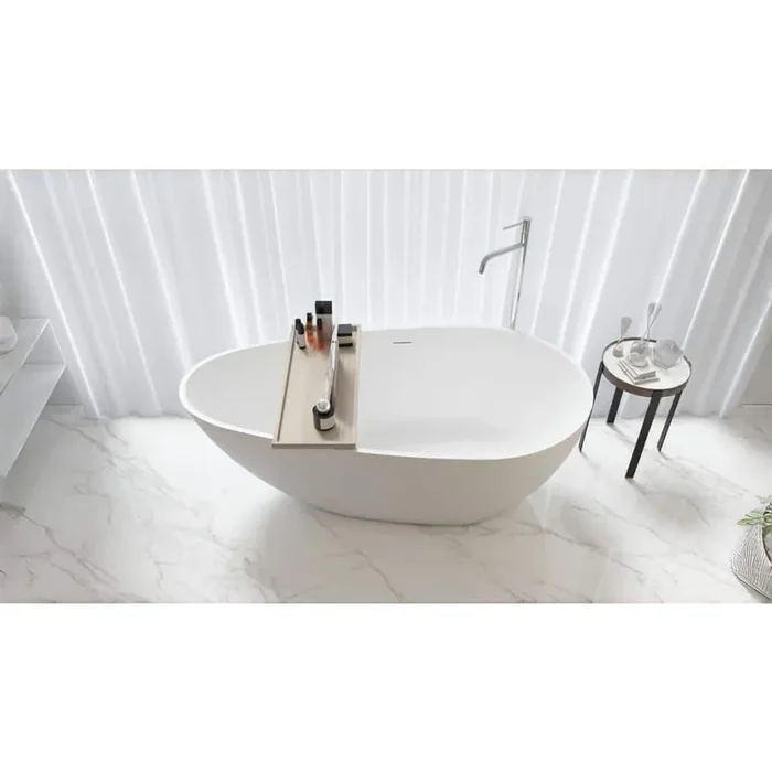 59 in. x 30 in. Solid Surface Freestanding Soaking Bathtub with Center Drain in Matte White/Polished Chrome