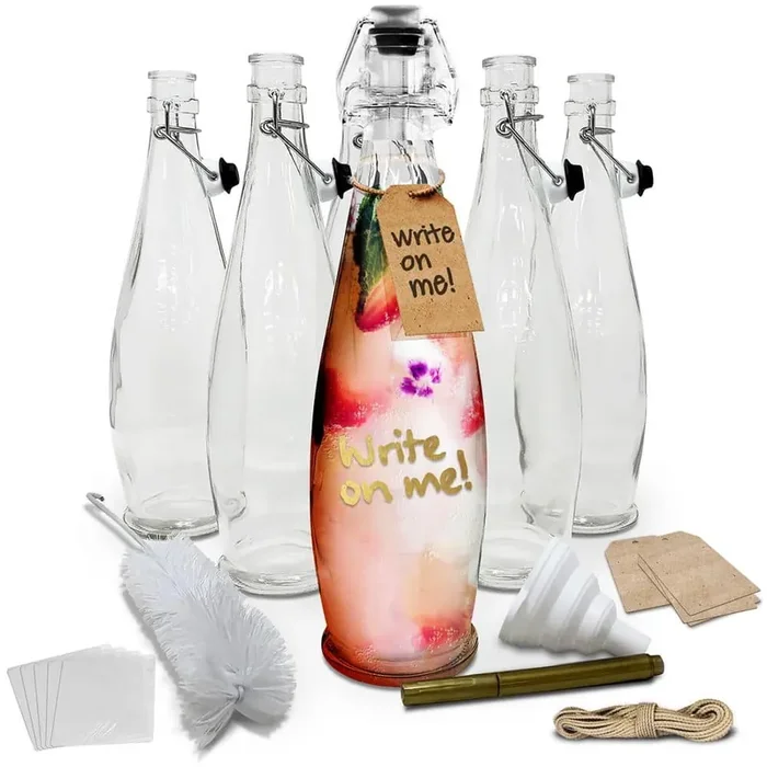 6 Pack 33 oz. Glass Bottles with Swing Top Stoppers, Bottle Brush, Funnel, and Gold Glass Marker – Teardrop Design