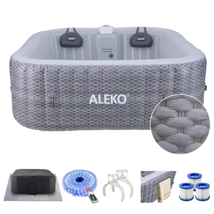 6-Person 130-Jet Square Inflatable Gray Hot Tub with Energy Efficient Cover Light Gray with Hemp Rope Pattern 252 gal.
