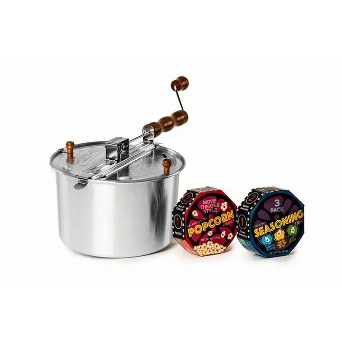 6 Qt. Aluminum Silver Stovetop Popcorn Popper with Movie Reel Popcorn and Seasonings 3-Piece Popcorn Set