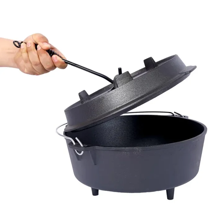 6 qt. Round Cast Iron Dutch Oven in Black With Skillet Lid and Leg Base for Camping, Cooking BBQ, Baking Campfire
