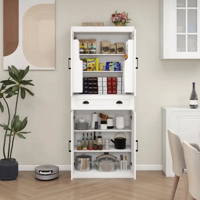 6-Shelf White Wood Kitchen Pantry Organizer Linen Cabinet Kitchen Island with Adjustable Shelves, Drawer