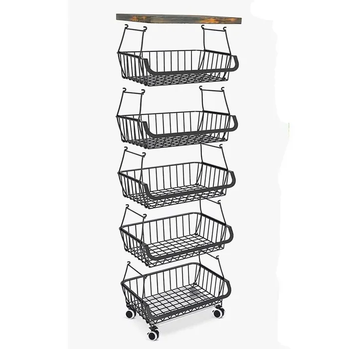 6-Tier Fruit Basket Rack, Stackable Wire Basket Cart with Solid Wood Top, Kitchen Vegetable Organization