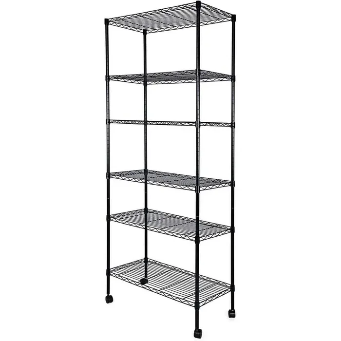 6-Tier Shelving Units, Adjustable Wire Shelving with Hanging Hooks and Wheels, Black