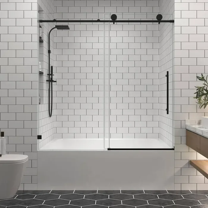60.8 in. W x 63 in. H Sliding Frameless Bathtub Shower Door in Matte Black Finish with 5/16 in. Clear Tempered Glass