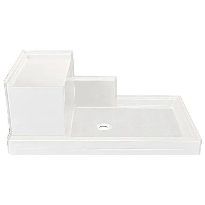 60 in. L x 36 in. W Acrylix Alcove Shower Pan Base with Center Drain in White with Left Hand Built-In Shower Seat