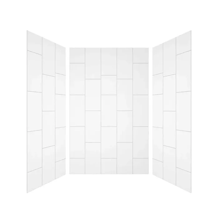 60 in. W 96 in. H 3 Piece Glue Up Solid Surface Alcove Shower Wall Set in White Subway Tile