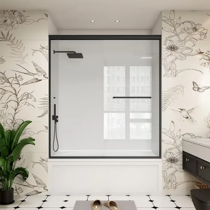 60 in. W x 60 in. H Double Sliding Framed Bypass Bathroom Tub Door in Matte Black with Easy-Clean Clear Glass