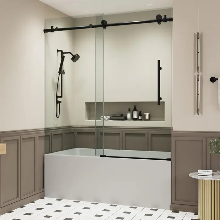 60 in. W x 60 in. H Sliding Semi – Frameless Shower Door in Matte Black Finish with Clear Tempered Glass