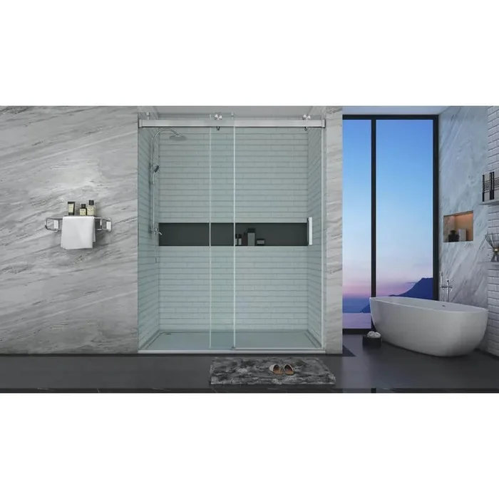 60 in. W x 76 in. H Single Sliding Frameless Shower Door in Brushed Nickel with Soft-closing and 3/8 in. (10 mm) Glass