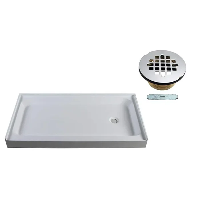 60 in. x 34 in. Single Threshold Alcove Shower Pan Base with Right Hand Brass Drain in Polished Chrome