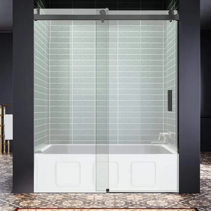 66-72 in W. x 76 in H. Frameless Single Sliding Soft Close Shower Door in Matte Black,3/8 in.(10 mm) Tempered Glass