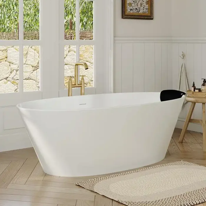66.93 in. x 33.46 in. Stone Resin Solid Surface Freestanding Soaking Bathtub with Hose, Drain and Pillow in Matte White