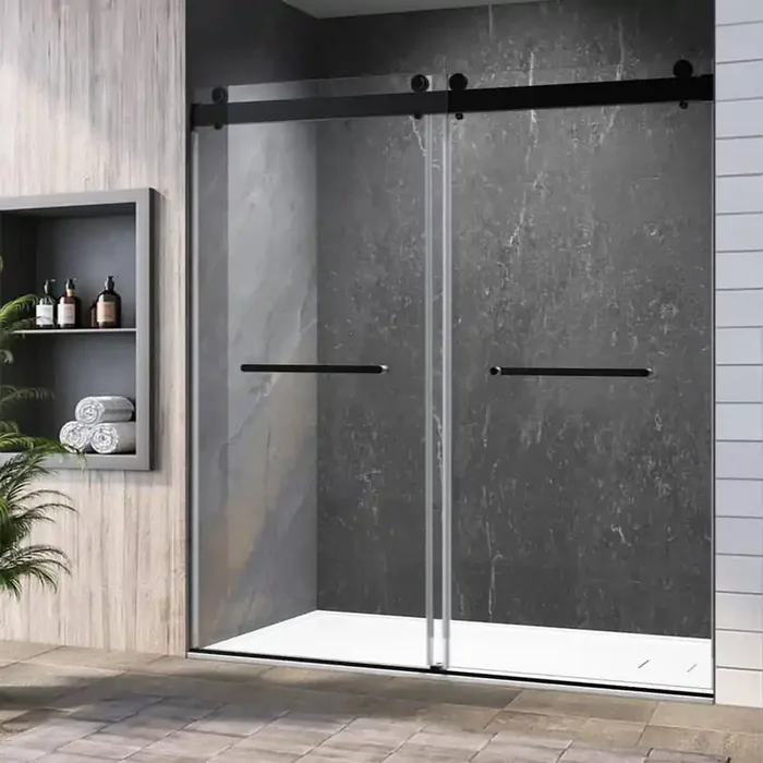 66 in.-72 in. W x 76 in. H Double Sliding Frameless Soft Close Shower Door in Matte Black,3/8 in. (10 mm)Tempered Glass