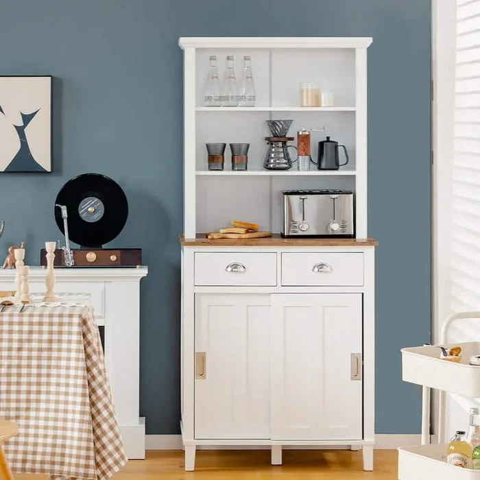 67 in. H White Kitchen Pantry Dining Hutch Storage Cabinet with Buffet Cupboard, Sliding Door