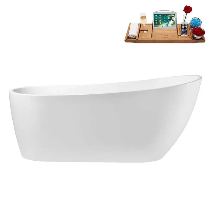 67 in. x 28 in. Acrylic Freestanding Soaking Bathtub in Glossy White with Polished Brass Drain, Bamboo Tray