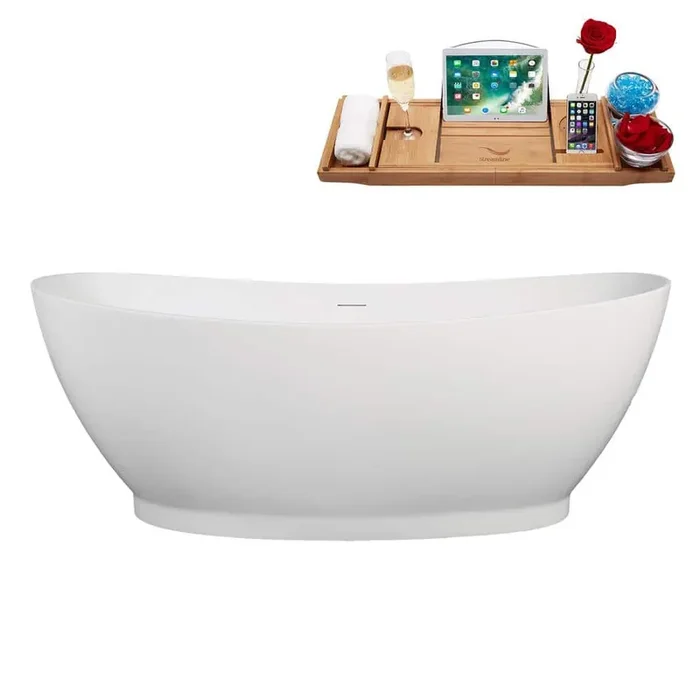 67 in. x 32 in. Acrylic Freestanding Soaking Bathtub in Glossy White With Matte Oil Rubbed Bronze Drain, Bamboo Tray