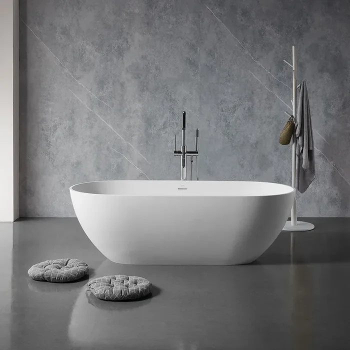69 in. Stone Resin Flatbottom Solid Surface Freestanding Double Slipper Soaking Bathtub in White with Brass Drain