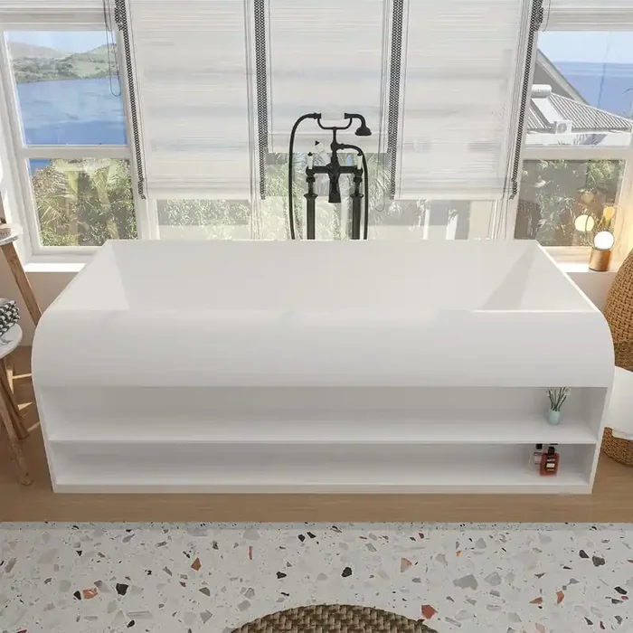69 in. x 36 in. Stone Resin Flatbottom Solid Surface Freestanding Soaking Bathtub with Brass Drain and Storage in White
