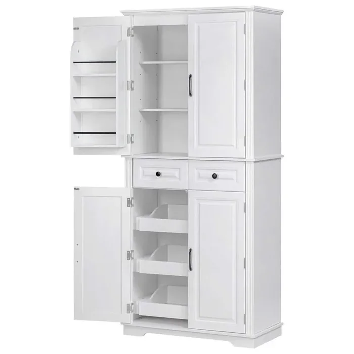 71.2 in. Tall White Kitchen Pantry Cabinet Sideboard with 3 Pull Out Cabinet Organizers, 6 Door Shelves, 2 Drawers